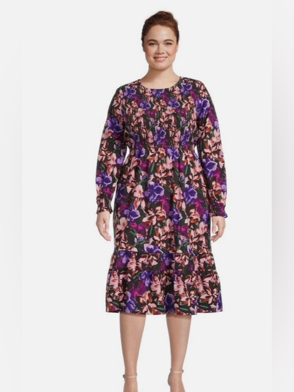 TERRA & SKY Women's Peasant Tiered LS smocked Midi Dress Violet Mulberry Sz 1X